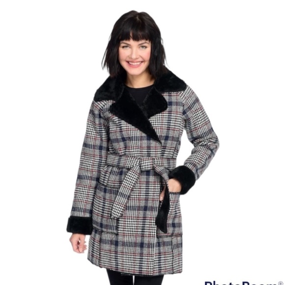 Solitaire Jackets & Blazers - Solitaire Twill Plaid Faux Fur Belted Coat New Womens Large Black White New